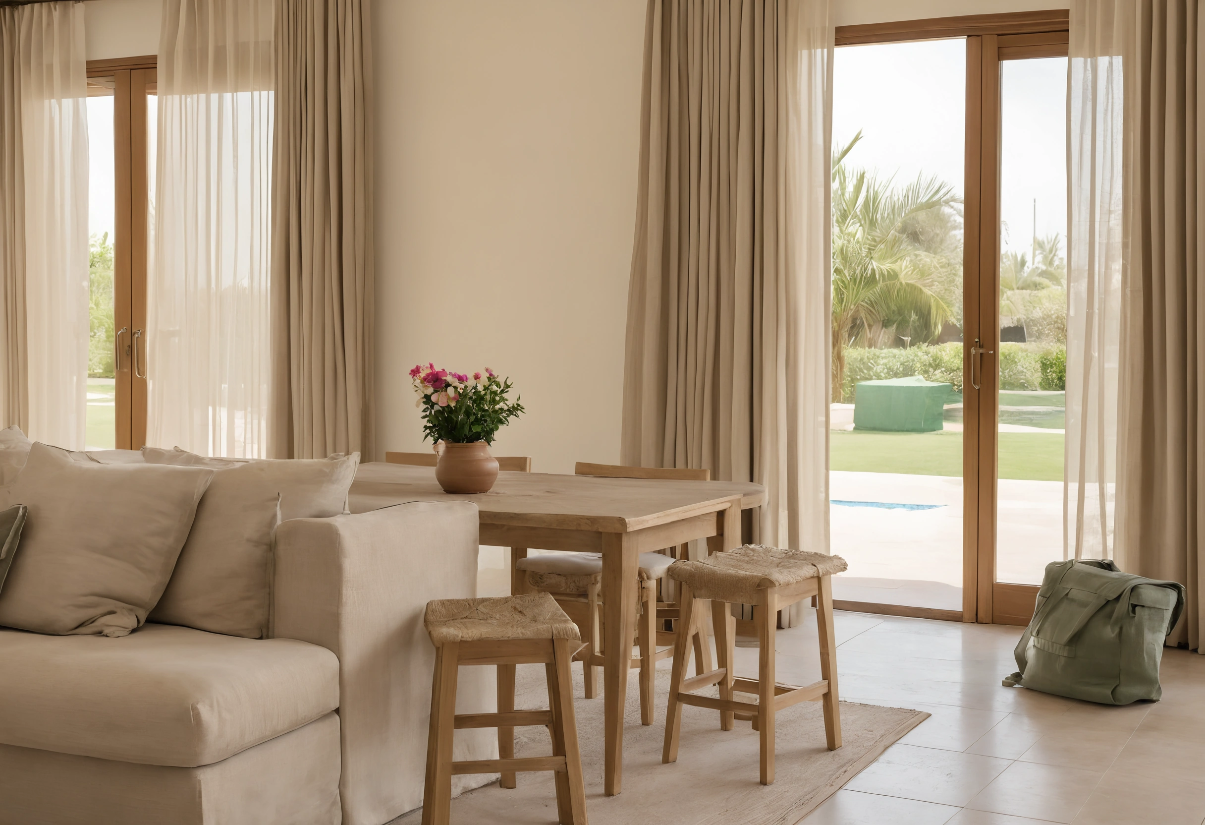 Open-plan living and dining area of a Dubai family villa with glazed doors to a garden, a sofa, a timber table with stools and a school bag by the door