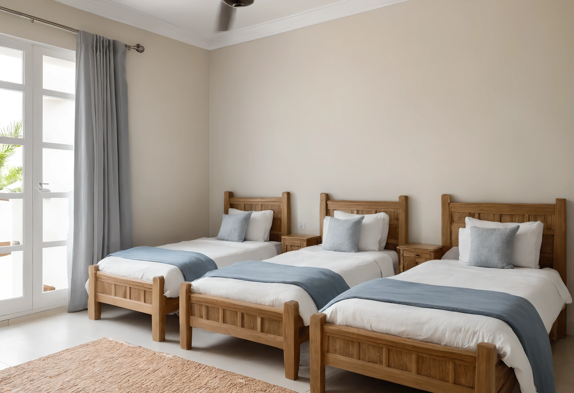 Children's bedroom in a Dubai villa with three single timber beds, a ceiling fan and grey curtains beside glazed doors