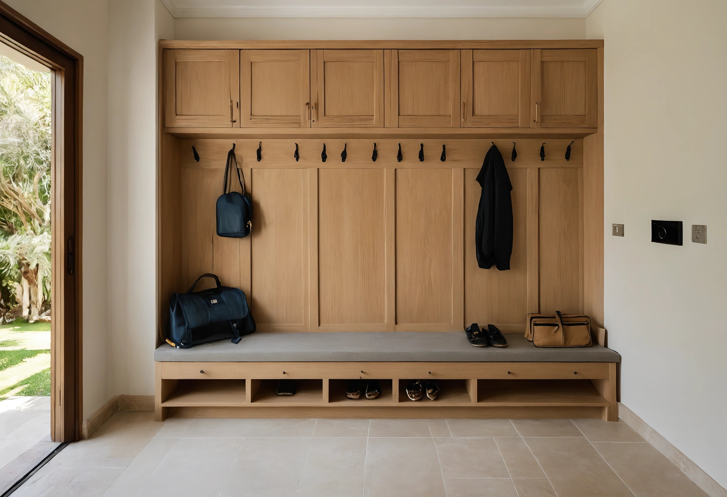 Entrance hall of a Dubai villa with oak joinery bench, shoe drawers and hooks with small school bags, stone floor and diffused daylight