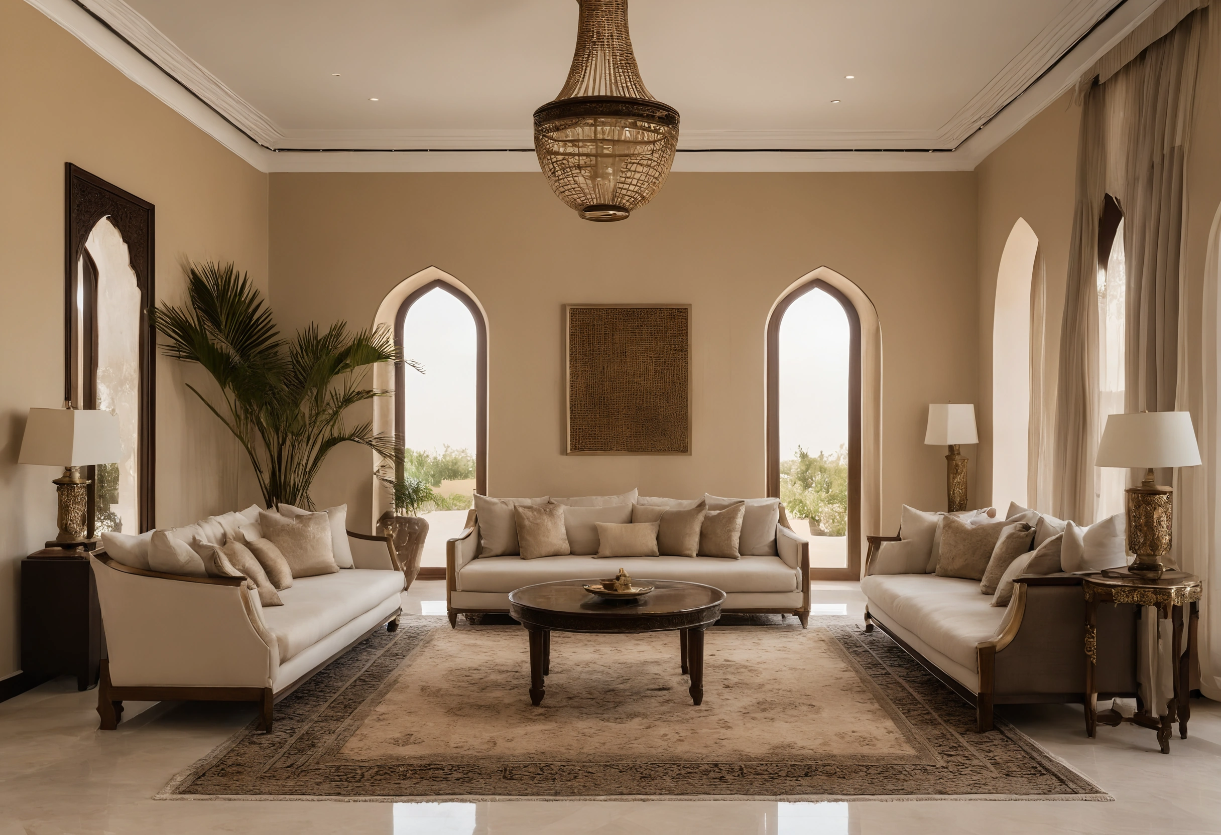 Majlis of a Dubai villa with sofas along three walls, a patterned carpet, a lantern pendant and arched windows
