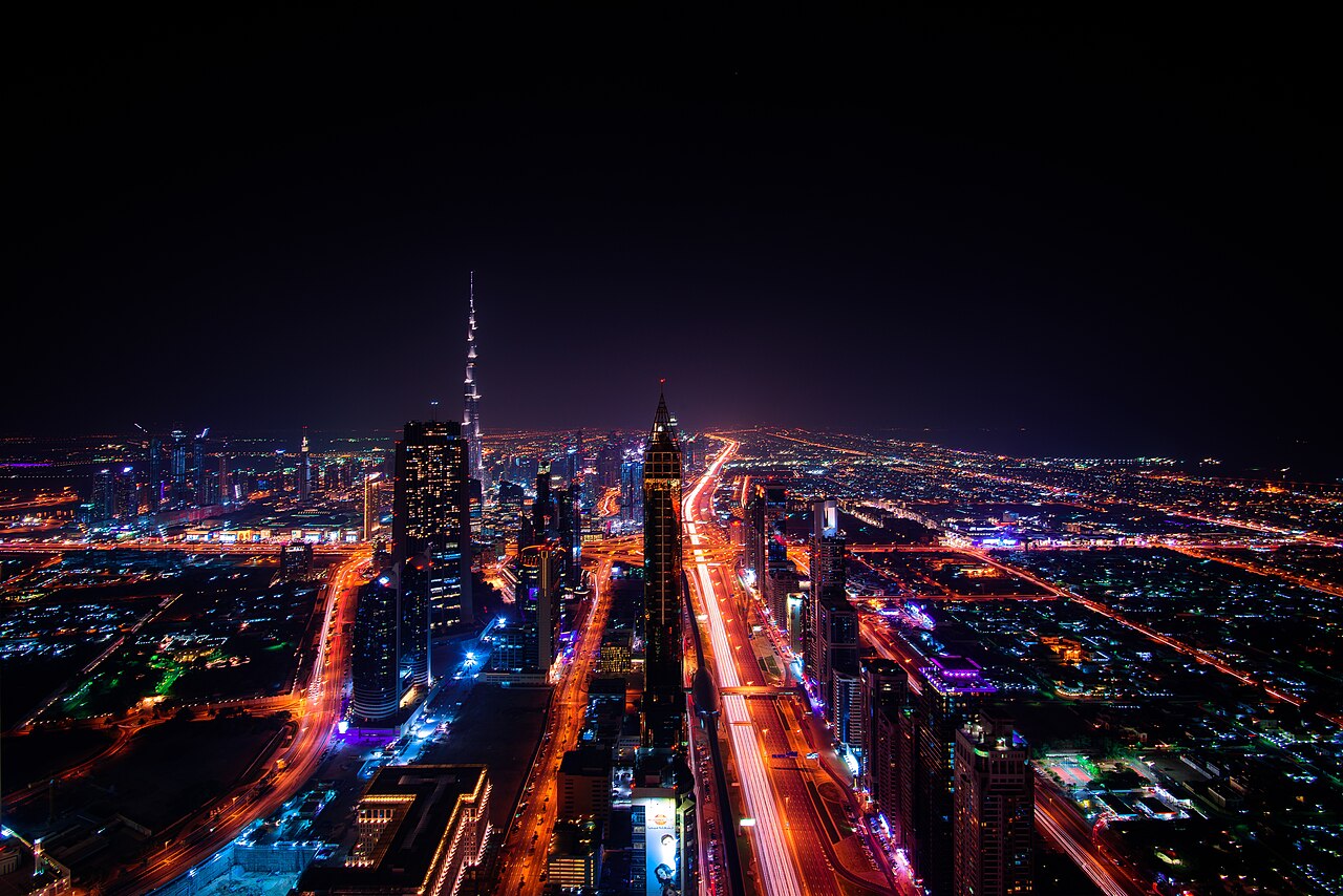 An archival view of Dubai’s skyline and Sheikh Zayed Road at night